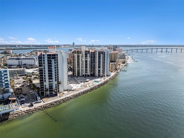 drone / aerial view with a water view