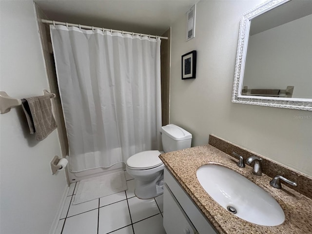 full bathroom featuring tile patterned flooring, vanity, toilet, and shower / bathtub combination with curtain