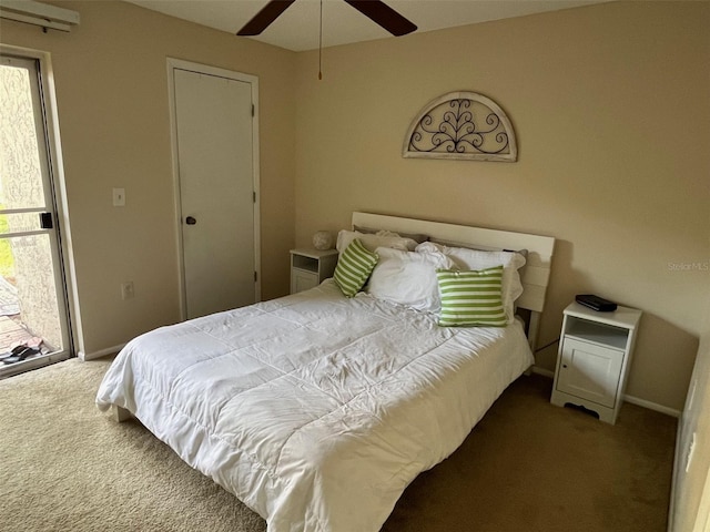 bedroom featuring carpet, baseboards, and ceiling fan