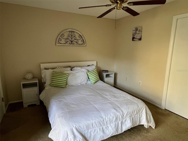 bedroom featuring a ceiling fan, carpet, and baseboards