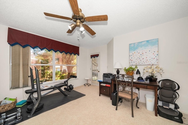 carpeted home office with ceiling fan and a textured ceiling