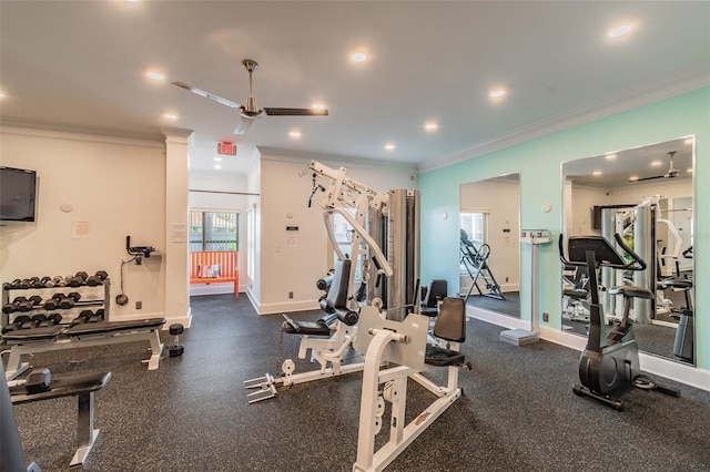 exercise room featuring ceiling fan and ornamental molding