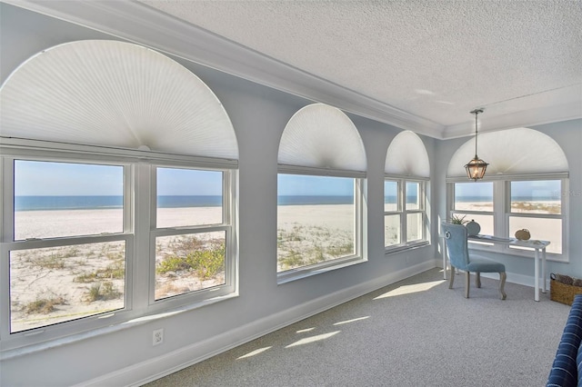 carpeted office featuring crown molding, a water view, and a textured ceiling