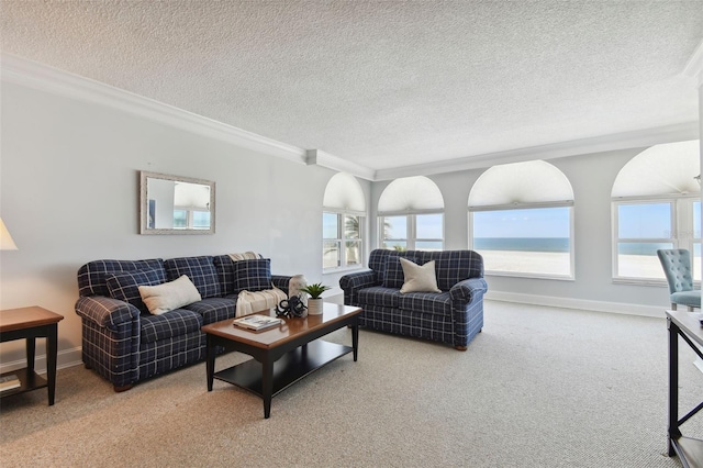 living room with a water view, carpet, a textured ceiling, and ornamental molding