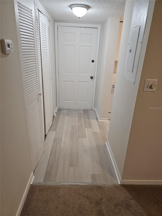 corridor with electric panel, a textured ceiling, and light wood-type flooring