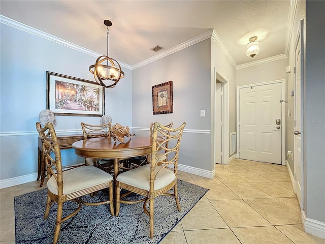 dining room featuring light tile patterned flooring, a notable chandelier, and ornamental molding