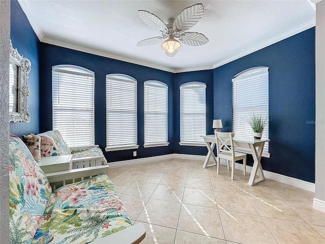 tiled office with ceiling fan and crown molding