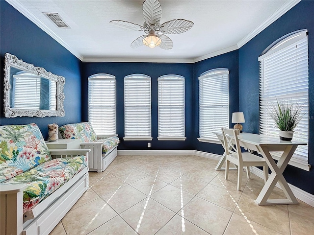 tiled office with crown molding, plenty of natural light, and ceiling fan