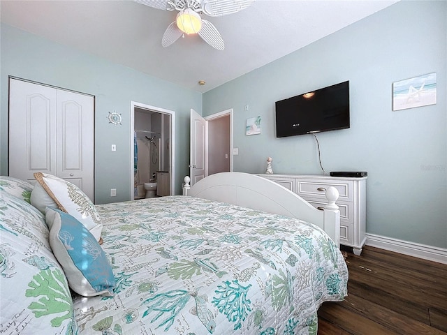 bedroom featuring ceiling fan, dark hardwood / wood-style flooring, and a closet