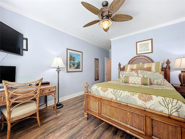 bedroom featuring ceiling fan, dark hardwood / wood-style flooring, and ornamental molding