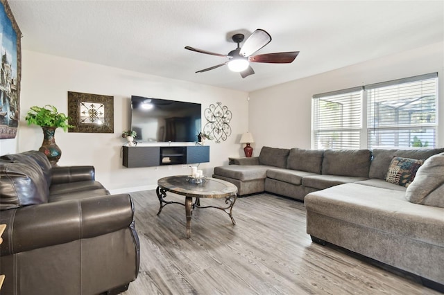 living room with hardwood / wood-style flooring and ceiling fan