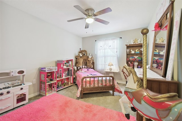 carpeted bedroom with ceiling fan