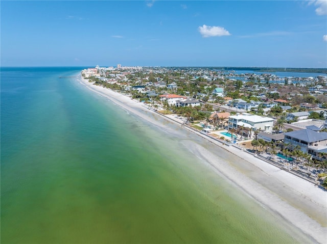 bird's eye view with a water view and a view of the beach