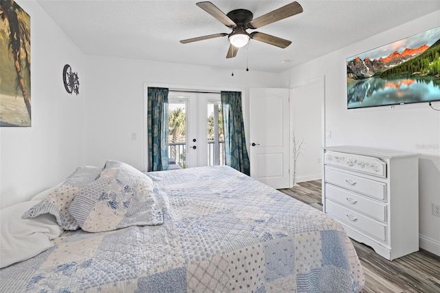 bedroom featuring hardwood / wood-style floors, ceiling fan, access to exterior, and french doors