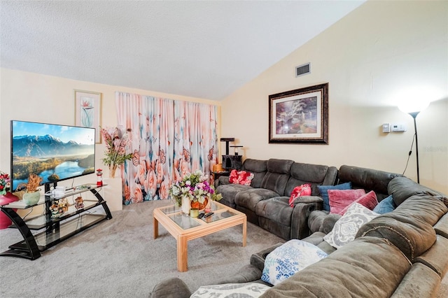 carpeted living room with a textured ceiling and lofted ceiling