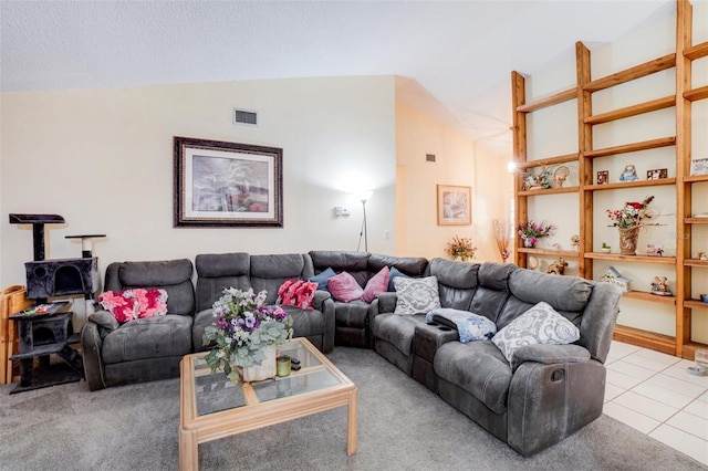 tiled living room with lofted ceiling