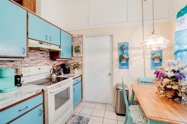 kitchen with white electric range, light tile patterned floors, blue cabinetry, tasteful backsplash, and decorative light fixtures