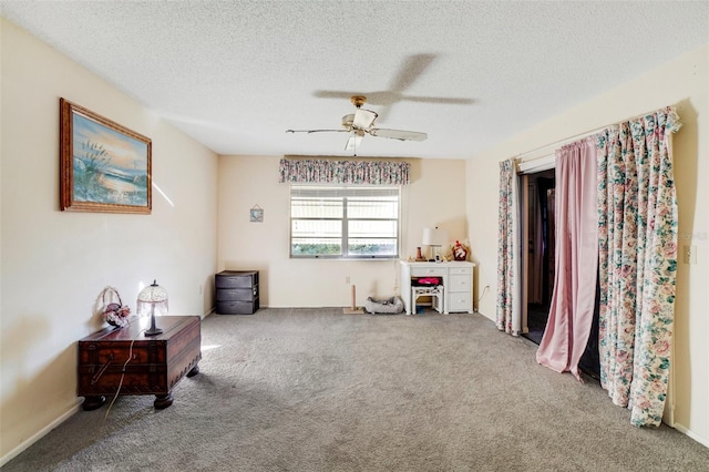 misc room featuring ceiling fan, carpet, and a textured ceiling