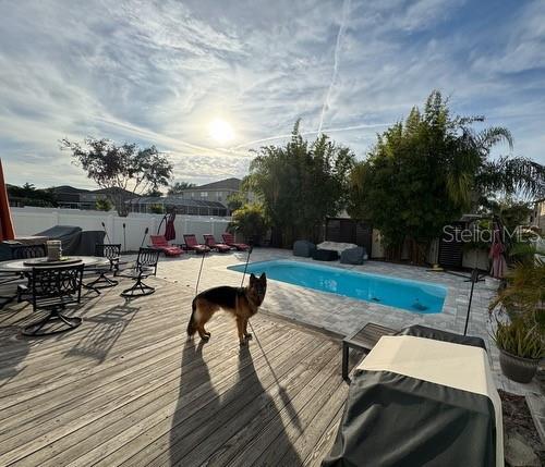 view of swimming pool with a deck