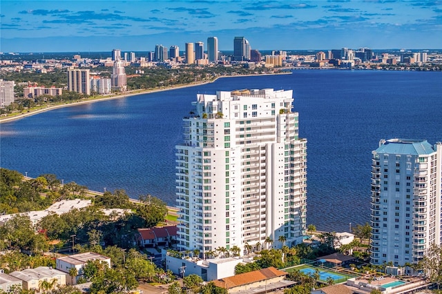 aerial view featuring a water view