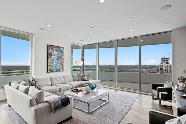 living room featuring floor to ceiling windows, plenty of natural light, and light hardwood / wood-style flooring