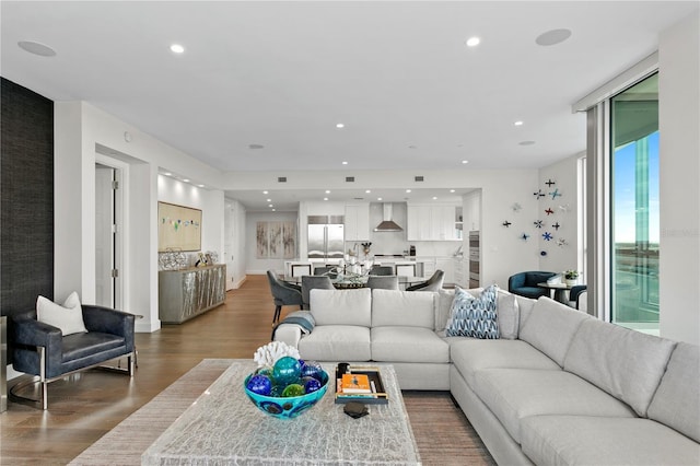 living room with dark hardwood / wood-style floors