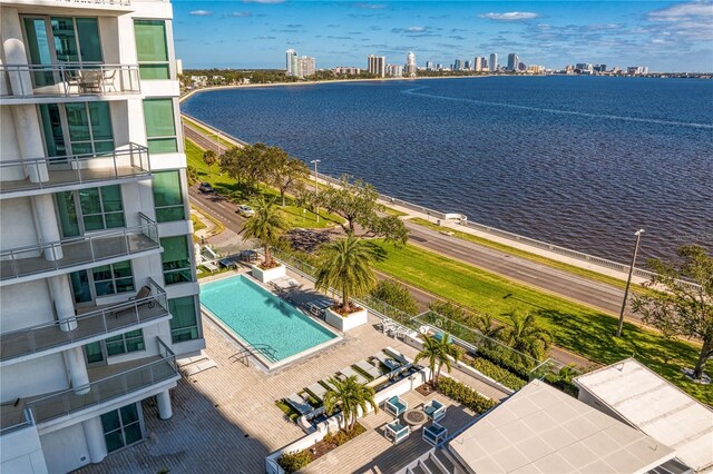 drone / aerial view featuring a water view