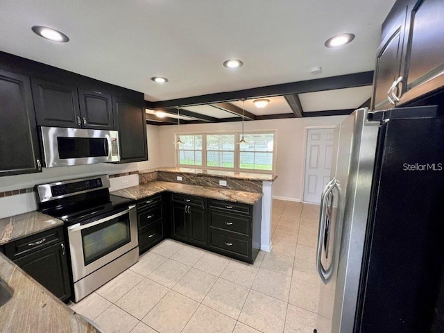 kitchen with light stone countertops, light tile patterned floors, appliances with stainless steel finishes, beam ceiling, and kitchen peninsula