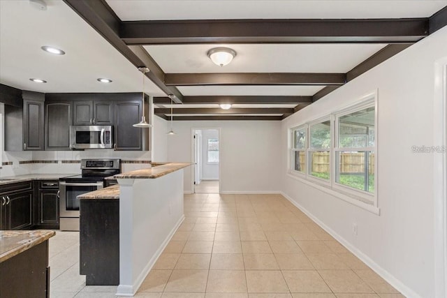 kitchen with beam ceiling, light stone countertops, hanging light fixtures, light tile patterned flooring, and appliances with stainless steel finishes