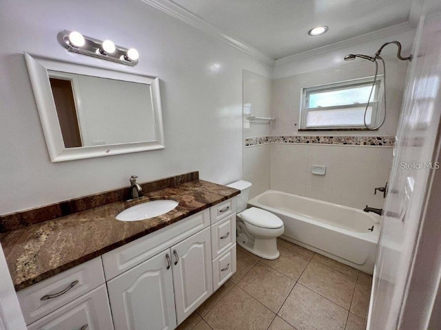 full bathroom featuring vanity, bathtub / shower combination, tile patterned floors, toilet, and ornamental molding