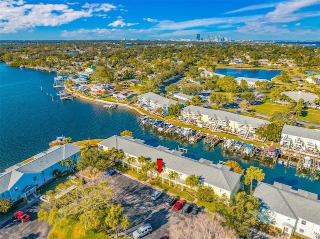 drone / aerial view with a water view