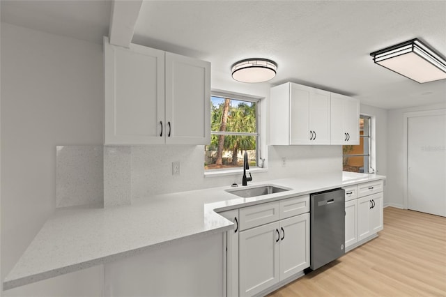 kitchen with white cabinetry, sink, stainless steel dishwasher, backsplash, and light hardwood / wood-style floors