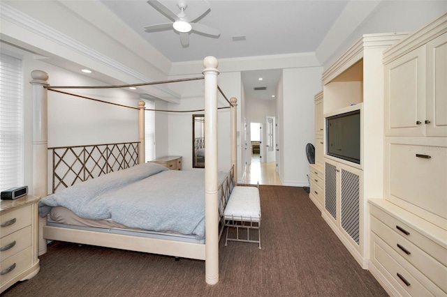 bedroom featuring ceiling fan and dark wood-type flooring