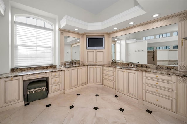 119 8th St E, Tierra Verde, FL 33715 - bathroom featuring double vanity, tile patterned floors, healthy amount of natural light, ornamental molding, and recessed lighting