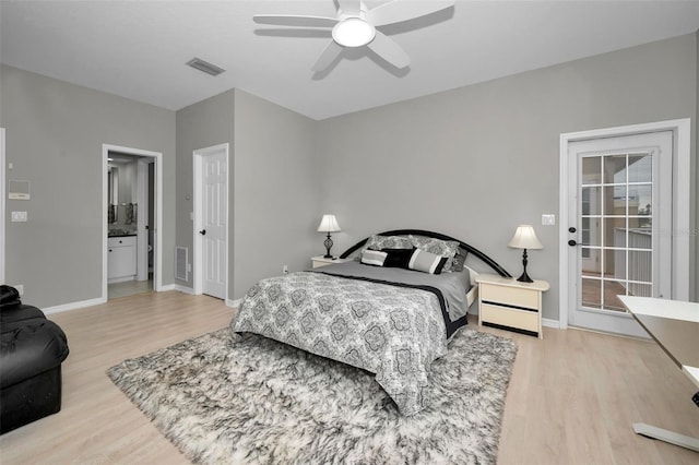 bedroom featuring ceiling fan and light wood-type flooring