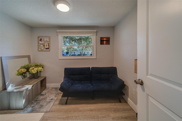 living area featuring light wood-type flooring and a textured ceiling