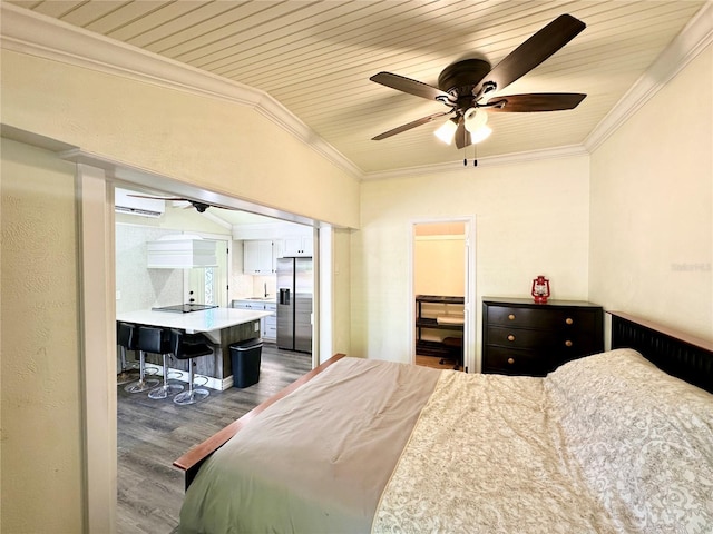 bedroom featuring an AC wall unit, stainless steel fridge with ice dispenser, crown molding, and dark hardwood / wood-style floors