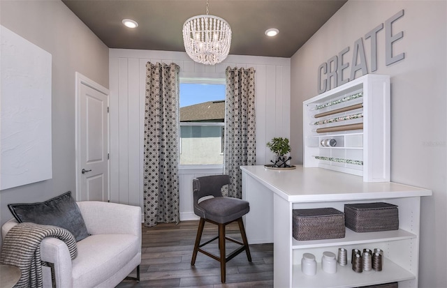 office area with a chandelier and dark hardwood / wood-style floors