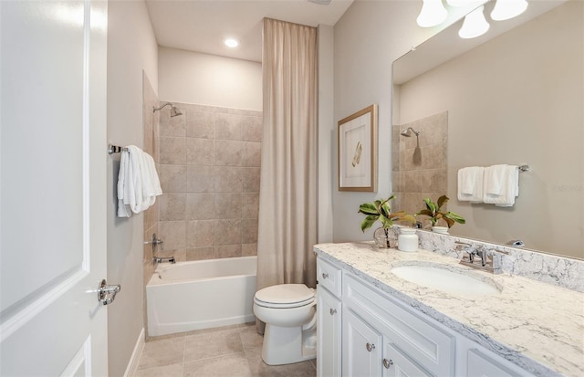 full bathroom with toilet, tile patterned flooring, shower / bath combination with curtain, and vanity