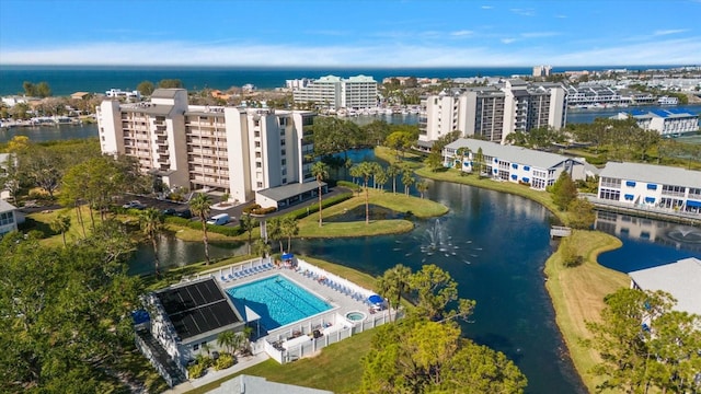 bird's eye view with a water view