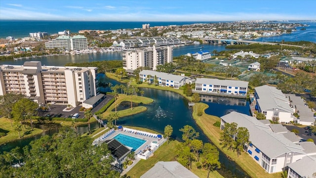 drone / aerial view with a water view