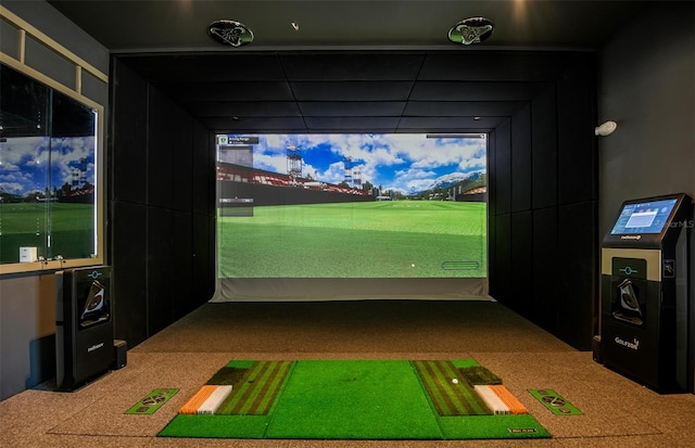 recreation room featuring carpet floors and golf simulator