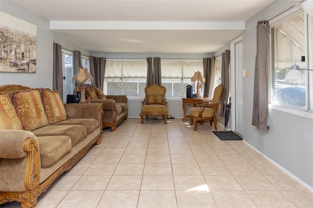 living room with light tile patterned flooring