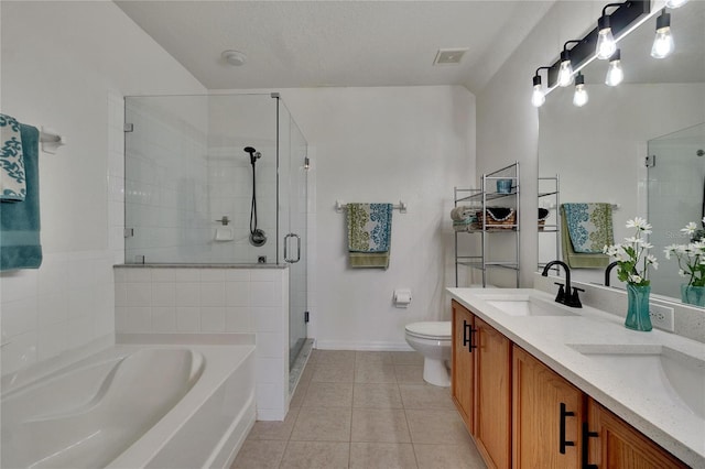 full bathroom with tile patterned floors, vanity, a textured ceiling, shower with separate bathtub, and toilet