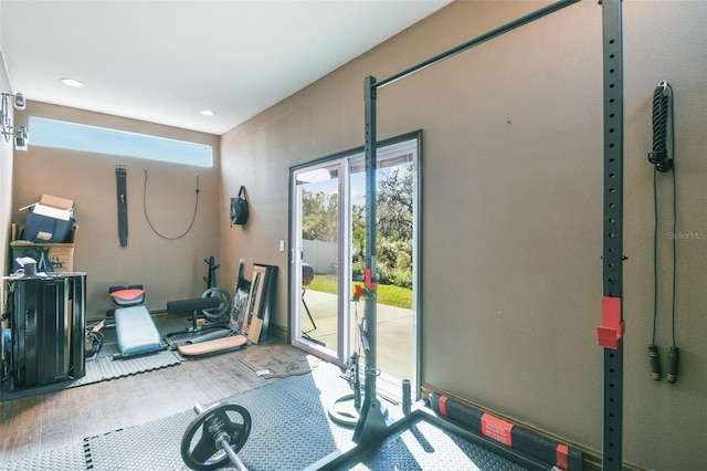 exercise area featuring wood-type flooring