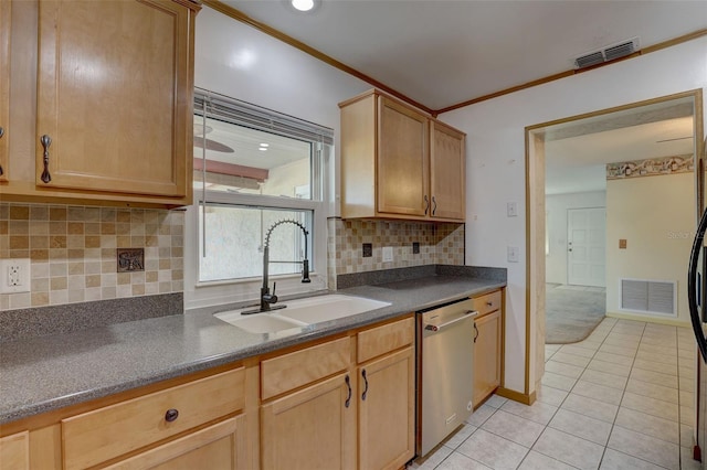 kitchen featuring crown molding, sink, stainless steel dishwasher, light tile patterned floors, and tasteful backsplash