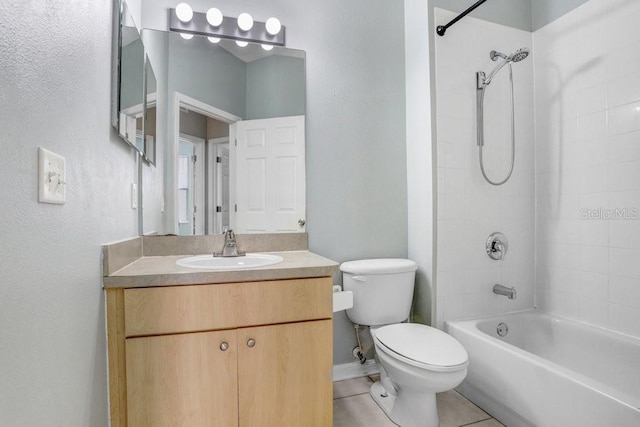 full bathroom with shower / bathtub combination, vanity, toilet, and tile patterned flooring