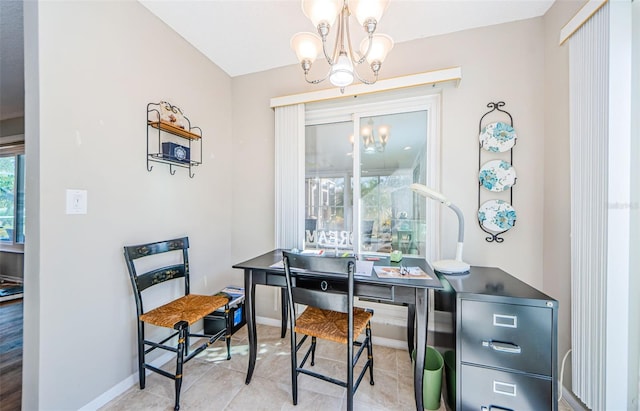 home office featuring baseboards, a notable chandelier, and light tile patterned flooring