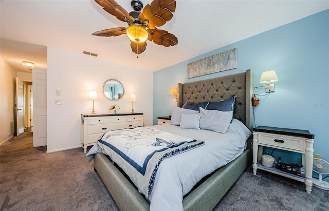 bedroom with visible vents, baseboards, ceiling fan, vaulted ceiling, and dark carpet