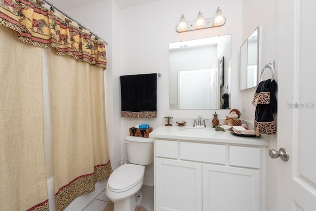 full bathroom with toilet, shower / tub combo, vanity, and tile patterned floors